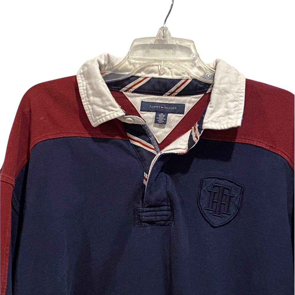 Tommy Hilfiger Mens XXL Rugby Shirt Navy Red Colorblock Long Sleeve Crest 90s